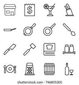 thin line icon set : shop, receipt, cocktail, stands for knives, pan, big spoon, chef knife, meat hammer, cooking book, salt pepper, fork plate, grater, barrel, wine