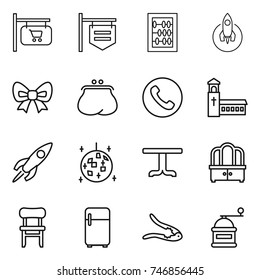 thin line icon set : shop signboard, abacus, rocket, bow, purse, phone, church, disco ball, table, dresser, chair, fridge, walnut crack, hand mill