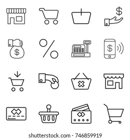 thin line icon set : shop, cart, basket, investment, money gift, percent, cashbox, phone pay, add to, hand coin, delete, credit card