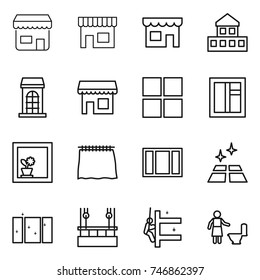 thin line icon set : shop, cottage, building, window, flower in, curtain, clean floor, skysrcapers cleaning, skyscrapers, toilet