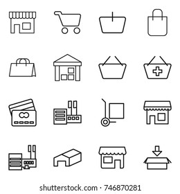 thin line icon set : shop, cart, basket, shopping bag, warehouse, add to, credit card, store, cargo stoller, mall, package