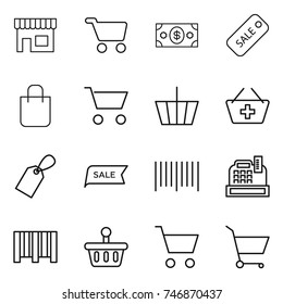 thin line icon set : shop, cart, money, sale, shopping bag, basket, add to, label, bar code, cashbox