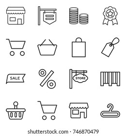 thin line icon set : shop, signboard, coin stack, medal, cart, basket, shopping bag, label, sale, percent, store, bar code, hanger