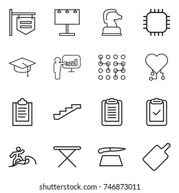 thin line icon set : shop signboard, billboard, chess horse, chip, graduate hat, presentation, cardio, clipboard, stairs, check, surfer, iron board, cutting