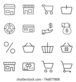 thin line icon set : shop, cart, basket, target audience, card, investment, money gift, percent, delete, credit