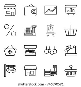 thin line icon set : shop, wallet, statistics, presentation, percent, cashbox, basket, add to, market scales, sale, store signboard, mall