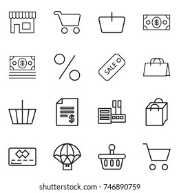 thin line icon set : shop, cart, basket, money, percent, sale, shopping bag, account balance, store, credit card, parachute delivery