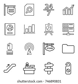 thin line icon set : shop signboard, search document, 24 7, diagram, annual report, graph, presentation, server, crystall memory, antenna, store, documents, escalator, reception, signpost