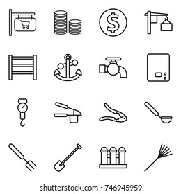 thin line icon set : shop signboard, coin stack, dollar, loading, rack, anchor, water tap, kitchen scales, handle, garlic clasp, walnut crack, ladle, big fork, shovel, grain elevator, rake