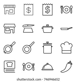 thin line icon set : shop, receipt, cafe, cutting board, pan, cook hat, cooking book, fork spoon plate, meal cap, hot pepper