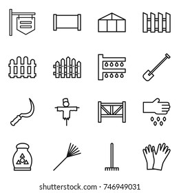 thin line icon set : shop signboard, fence, greenhouse, watering, shovel, sickle, scarecrow, farm, sow, fertilizer, rake, gloves