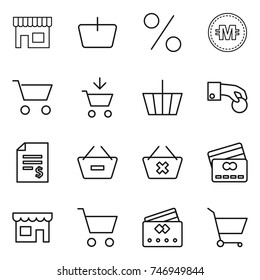 thin line icon set : shop, basket, percent, crypto currency, cart, add to, hand coin, account balance, remove from, delete, credit card