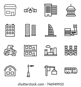 thin line icon set : shop, drawbridge, houses, goverment house, building, skyscrapers, skyscraper, mall, modern architecture, modular, city, palace, outdoor light, loading, bus