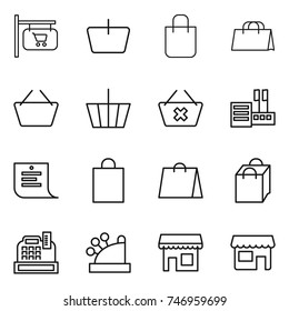 thin line icon set : shop signboard, basket, shopping bag, delete cart, store, list, cashbox