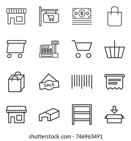 thin line icon set : shop, signboard, money, shopping bag, delivery, cashbox, cart, basket, sale, bar code, atm receipt, warehouse, rack, package