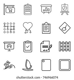 thin line icon set : shop signboard, clipboard, presentation, chip, cardio, under construction, check, inventory, pallet, surfer, windsurfing, cutting board
