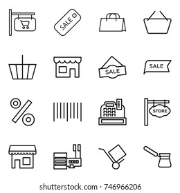 thin line icon set : shop signboard, sale, shopping bag, basket, percent, bar code, cashbox, store, mall, trolley, turk