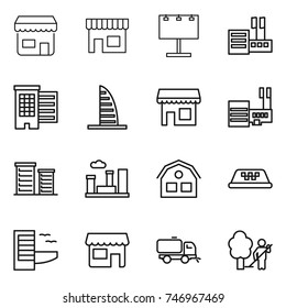 thin line icon set : shop, billboard, store, houses, skyscraper, mall, district, city, house, taxi, hotel, sweeper, garden cleaning