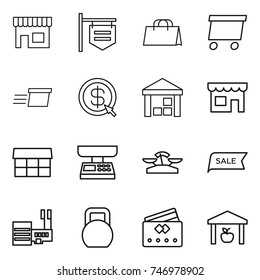 thin line icon set : shop, signboard, shopping bag, delivery, dollar arrow, warehouse, market, scales, sale, mall, heavy, credit card