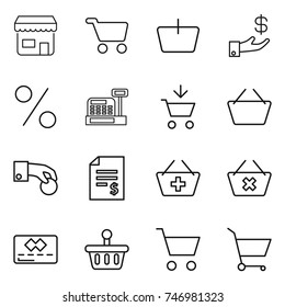 thin line icon set : shop, cart, basket, investment, percent, cashbox, add to, hand coin, account balance, delete, credit card