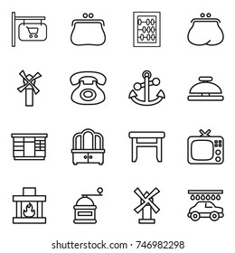 thin line icon set : shop signboard, purse, abacus, windmill, phone, anchor, service bell, wardrobe, dresser, stool, tv, fireplace, hand mill, car wash