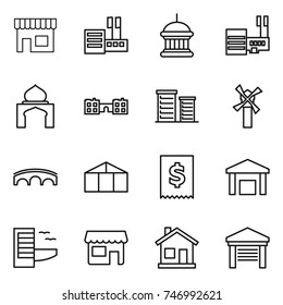 thin line icon set : shop, store, goverment house, mall, minaret, school, district, windmill, bridge, greenhouse, tax, warehouse, hotel, home, garage