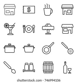 thin line icon set : shop, receipt, hot drink, cocktail, cafe, restaurant, pan, skimmer, big spoon, salt pepper, barrel, wine