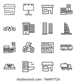 thin line icon set : shop, billboard, store, drawbridge, houses, skyscrapers, skyscraper, mall, modern architecture, modular house, bus, taxi, hotel, sweeper