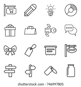 thin line icon set : shop signboard, pencil, bulb, circle diagram, gift, shopping bag, satellite, discussion, bow, label, atm receipt, singlepost, signpost, bank