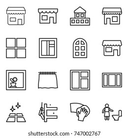 thin line icon set : shop, cottage, window, arch, flower in, curtain, clean floor, skyscrapers cleaning, wiping, toilet