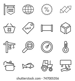 thin line icon set : shop signboard, globe, percent, up down arrow, delete cart, sale label, fence, 3d, tower crane, cargo search, barometer, thermometer, steam pan, fish, tractor, hand dryer