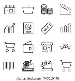 thin line icon set : shop, basket, coin stack, crisis, diagram, annual report, sale, graph up, cart, wallet, scales, bar code, cashbox