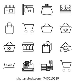 thin line icon set : shop, signboard, purse, money, shopping bag, cart, basket, add to, delete, market, sale, cashbox, mall