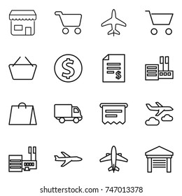 thin line icon set : shop, cart, plane, basket, dollar coin, account balance, store, shopping bag, delivery, atm receipt, journey, mall, airplane, garage