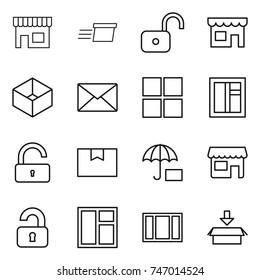 thin line icon set : shop, delivery, unlock, box, mail, window, package, insurance, unlocked