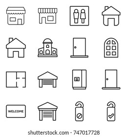 thin line icon set : shop, wc, home, mansion, door, arch window, plan, garage, fridge, welcome mat, do not distrub, please clean