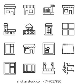 thin line icon set : shop, cashbox, mansion, cottage, building, window, flower in, curtain, skysrcapers cleaning, skyscrapers