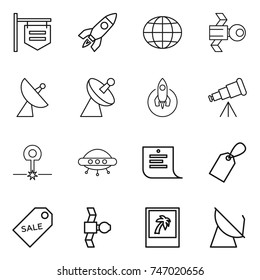 thin line icon set : shop signboard, rocket, globe, satellite, antenna, telescope, laser, ufo, shopping list, label, sale, photo