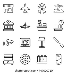 thin line icon set : shop, plane, medal, weather management, library, customs control, warehouse scales, surveillance, tv, floor lamp, spatula, double boiler, cookies, grain elevator