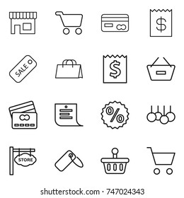 thin line icon set : shop, cart, card, receipt, sale, shopping bag, remove from basket, credit, list, percent, store signboard, label