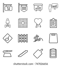 thin line icon set : shop signboard, presentation, hoverboard, cpu, cardio chip, clipboard, under construction, pallet, surfer, cutting board, stairs, list