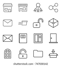 thin line icon set : shop, share, mail, delivery, unlock, box, copybook, window, door, arch, documents, package