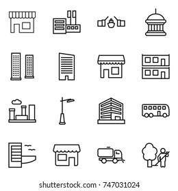 thin line icon set : shop, store, drawbridge, goverment house, skyscrapers, skyscraper, modular, city, outdoor light, office, bus, hotel, sweeper, garden cleaning