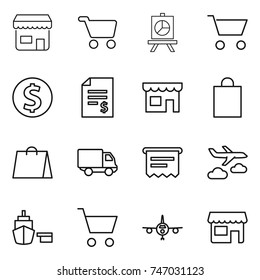 thin line icon set : shop, cart, presentation, dollar coin, account balance, shopping bag, delivery, atm receipt, journey, port, plane