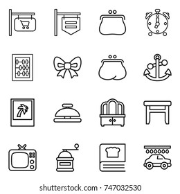 thin line icon set : shop signboard, purse, alarm clock, abacus, bow, anchor, photo, service bell, dresser, stool, tv, hand mill, cooking book, car wash