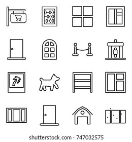 thin line icon set : shop signboard, abacus, window, door, arch, vip fence, detector, photo, dog, rack, barn, clean