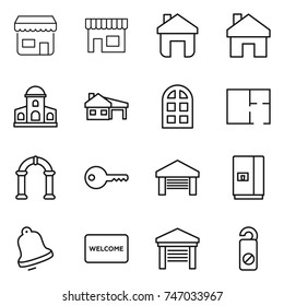 thin line icon set : shop, home, mansion, house with garage, arch window, plan, key, fridge, bell, welcome mat, do not distrub