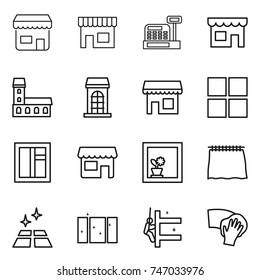 thin line icon set : shop, cashbox, mansion, building, window, flower in, curtain, clean floor, skyscrapers cleaning, wiping