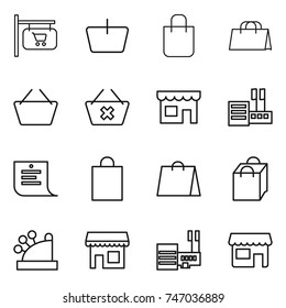 thin line icon set : shop signboard, basket, shopping bag, delete cart, store, list, cashbox, mall