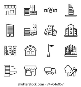 thin line icon set : shop, store, drawbridge, skyscraper, mall, modern architecture, building, palace, house, outdoor light, office, hotel, sweeper, garden cleaning
